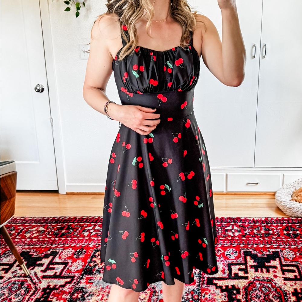 NEW Belle Poque Vintage Cherry Print Black Dress Sz SM